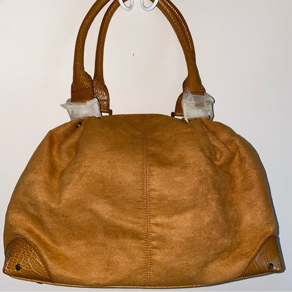 Coldwater Creek Caramel Brown Faux Suede with Faux Croc Trim Bag NWT - Picture 2 of 6